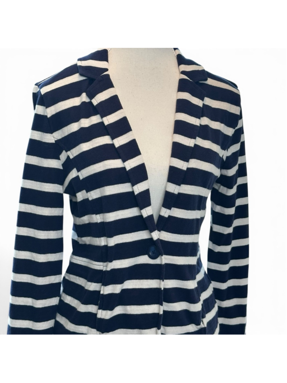 Navy White Striped Knit Blazer Coastal Grandmother Nautical Preppy
